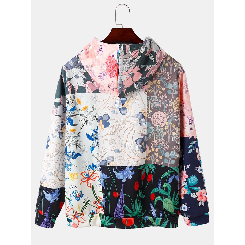 Mens Colorblock Floral Print Kangaroo Pocket Drawsrting Hoodies