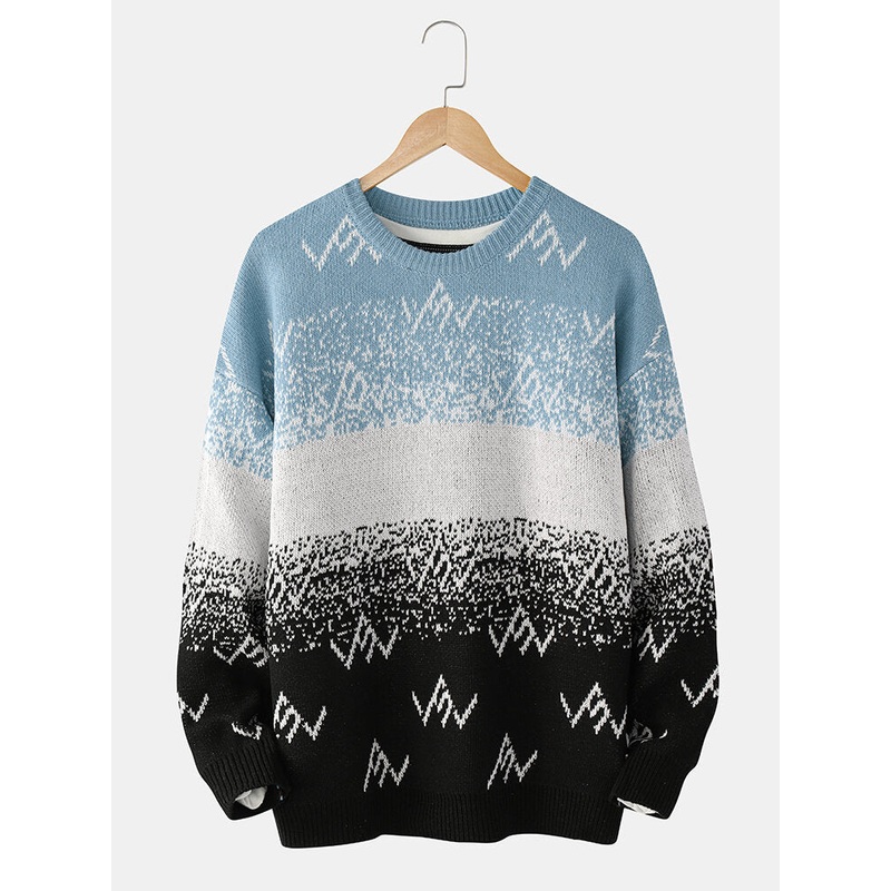 Mens Colorblock Knitted Round Neck Drop Shoulder Warm Sweaters