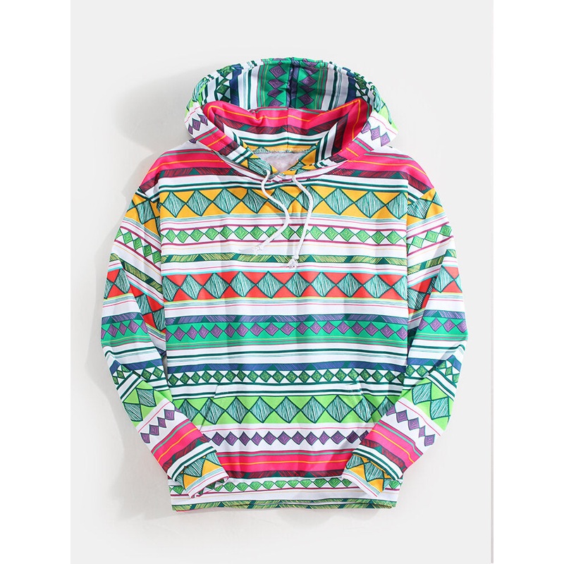 Mens Colorful Geometric Graphics Print Long Sleeve Kangaroo Pocket Design Hoodies