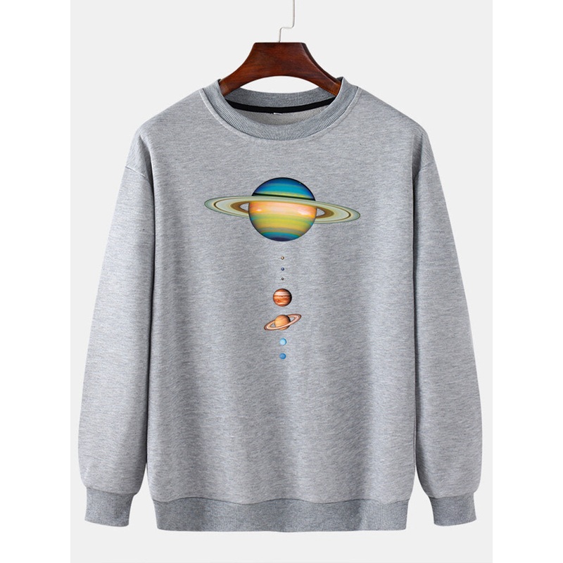 Mens Colorful Planet Print Crew Neck Casual Drop Shoulder Sweatshirts