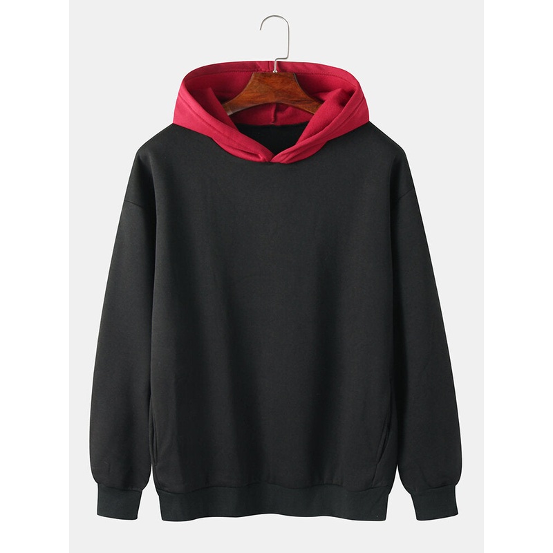 Mens Contrast Color Simple Drop Shoulder Long Sleeve Hoodies