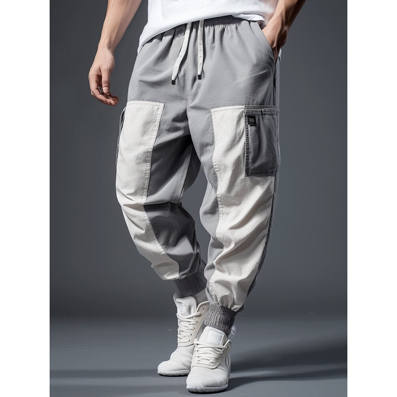 Mens Contrast Patchwork Casual Loose Drawstring Waist Pants
