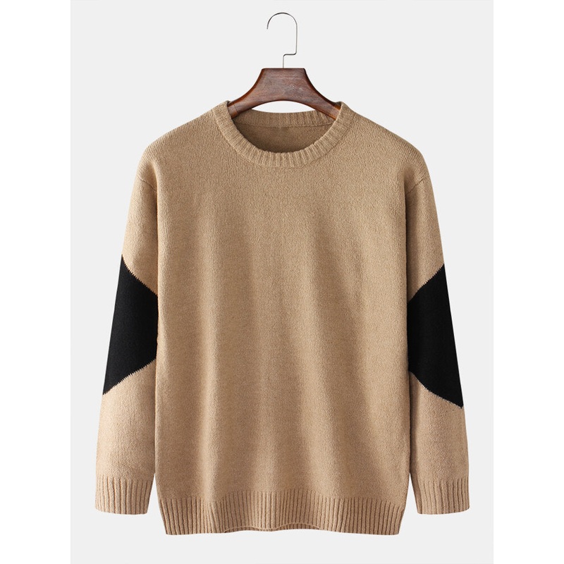 Mens Contrast Patchwork Knit Round Neck Casual Long Sleeve Pullover Sweaters