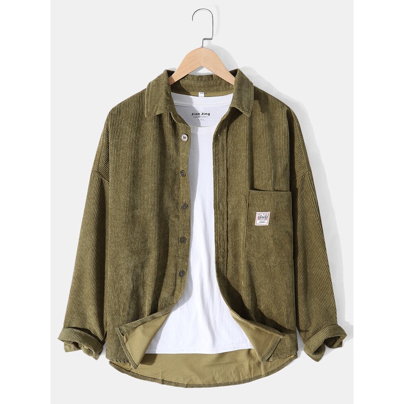 Mens Corduroy Solid Long Sleeve Pocket Casual Shirt