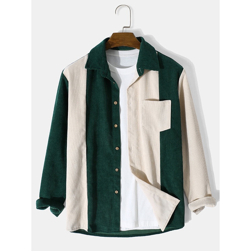 Mens Corduroy Two Tone Patchwork Casual Shirts