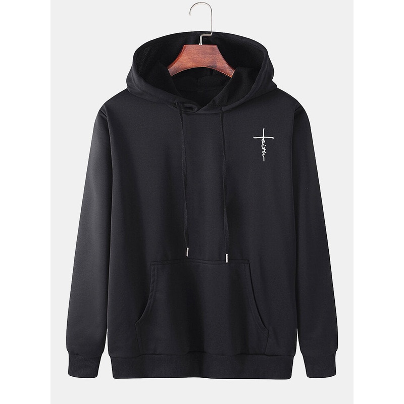 Mens Cotton Chest Print Long Sleeve Black Kangaroo Pocket Drawstring Hoodies