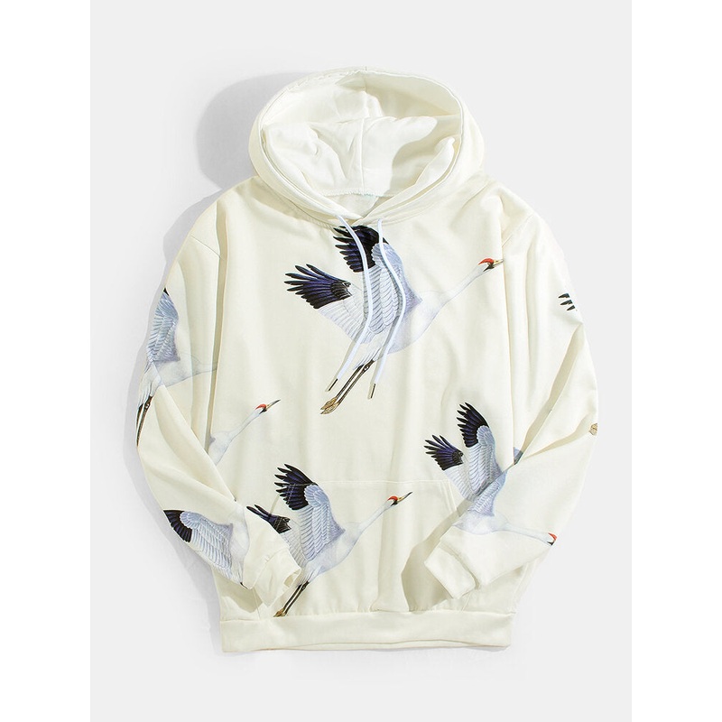 Mens Crane Graphics Chinese Style Kangaroo Pocket Casual Hoodies