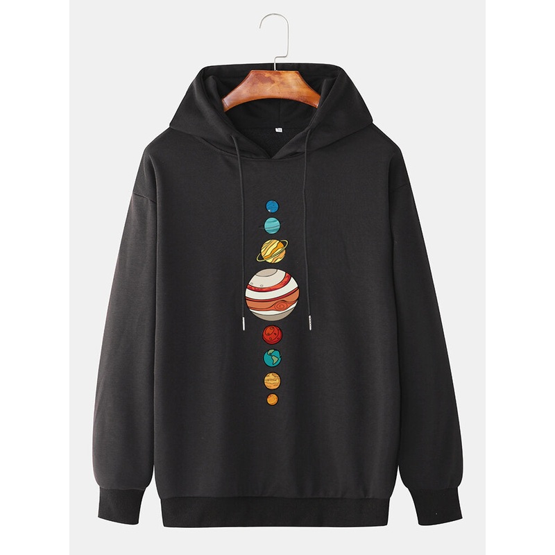 Mens Cute Multi Planet Print Drop Shoulder Long Sleeve Casual Hoodies
