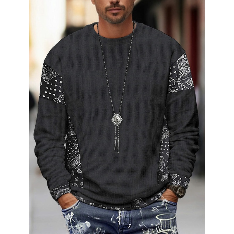 Mens Ethnic Paisley Print Patchwork Texture Crew Neck Pullover Sweatshirts