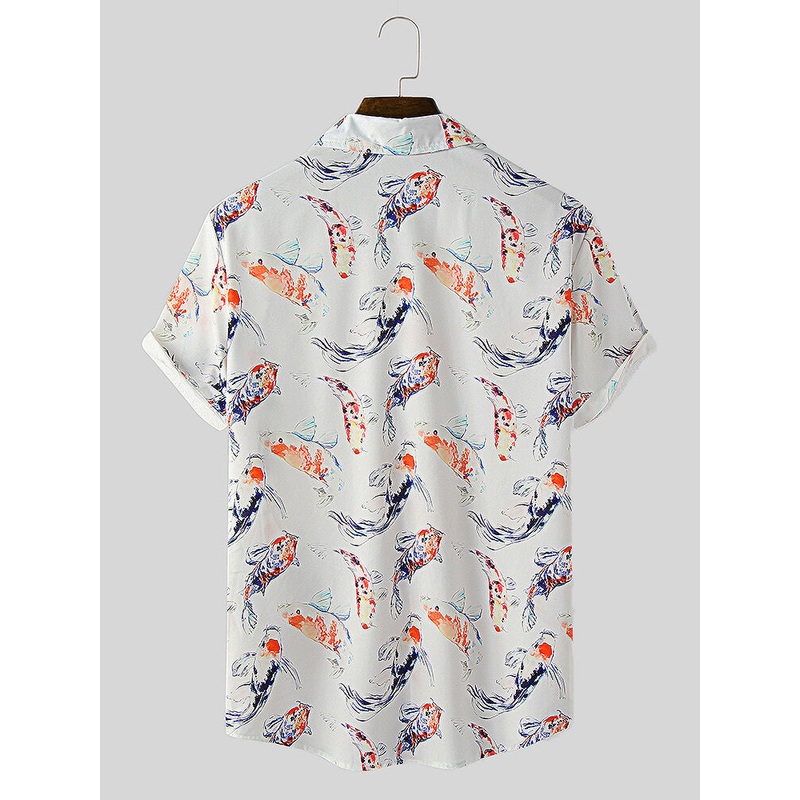 Mens Ethnic Style Fish Ink Painting Print Lapel Short Sleeve Shirt