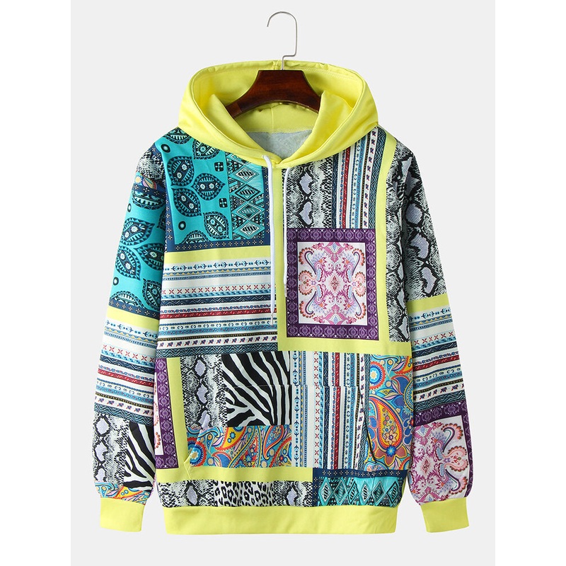 Mens Ethnic Style Print Long Sleeve Drawstring Hoodies With Kangaroo Pocket