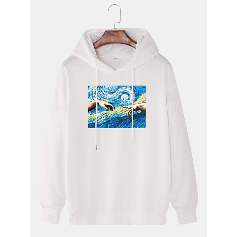 Mens Figure Painting Graphic Cotton Casual Drop Sleeve Drawstring Hoodies