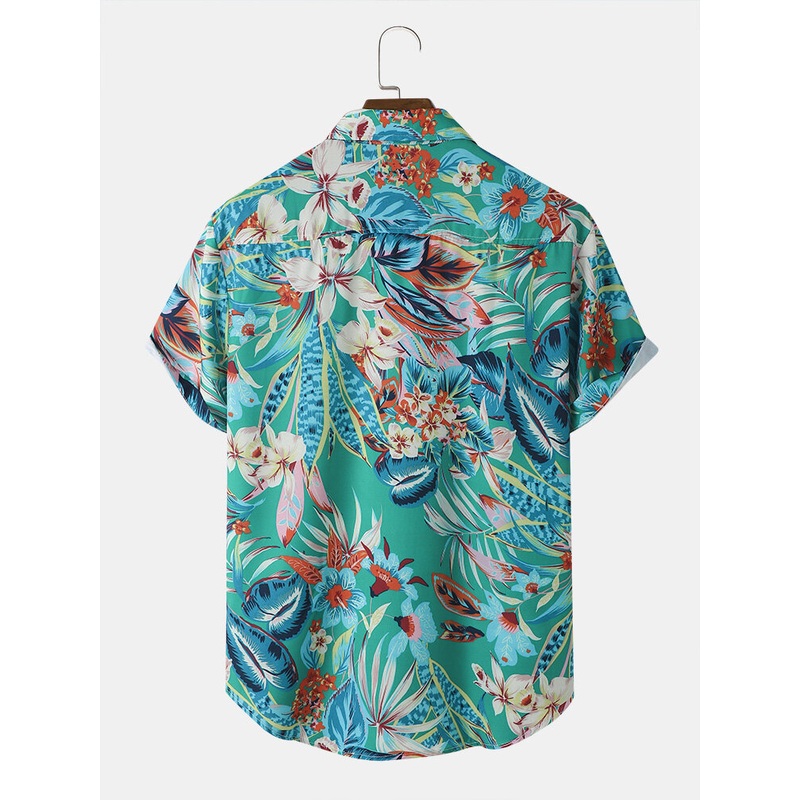 Mens Floral Plant Print Button Up Holiday Short Sleeve Shirts