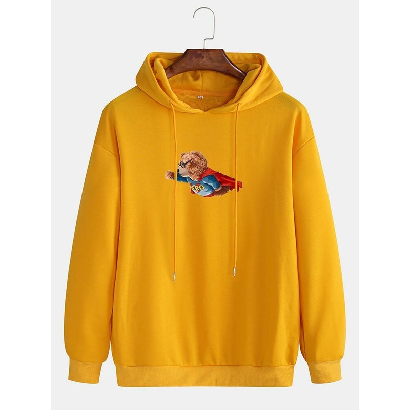 Mens Funny Cartoon Bear Print Drop Shoulder Long Sleeve Hoodies