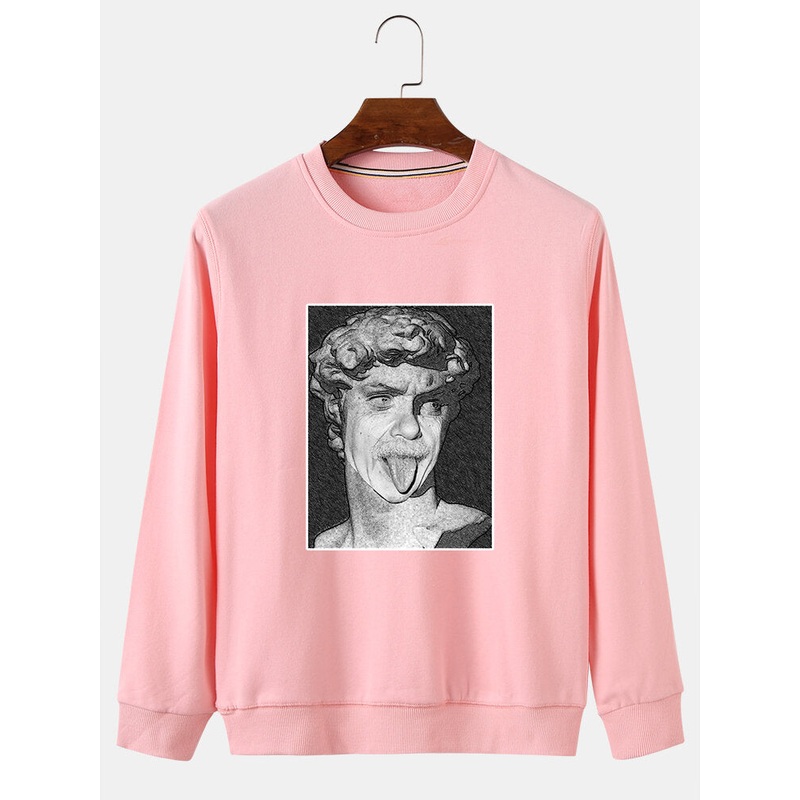 Mens Funny Figure Plaster Statue Print Fleece Linning Pullover Round Neck Sweatshirts