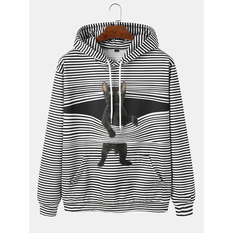 Mens Funny Stripe Cartoon Cat Print Kangaroo Pocket Drawstring Hoodies