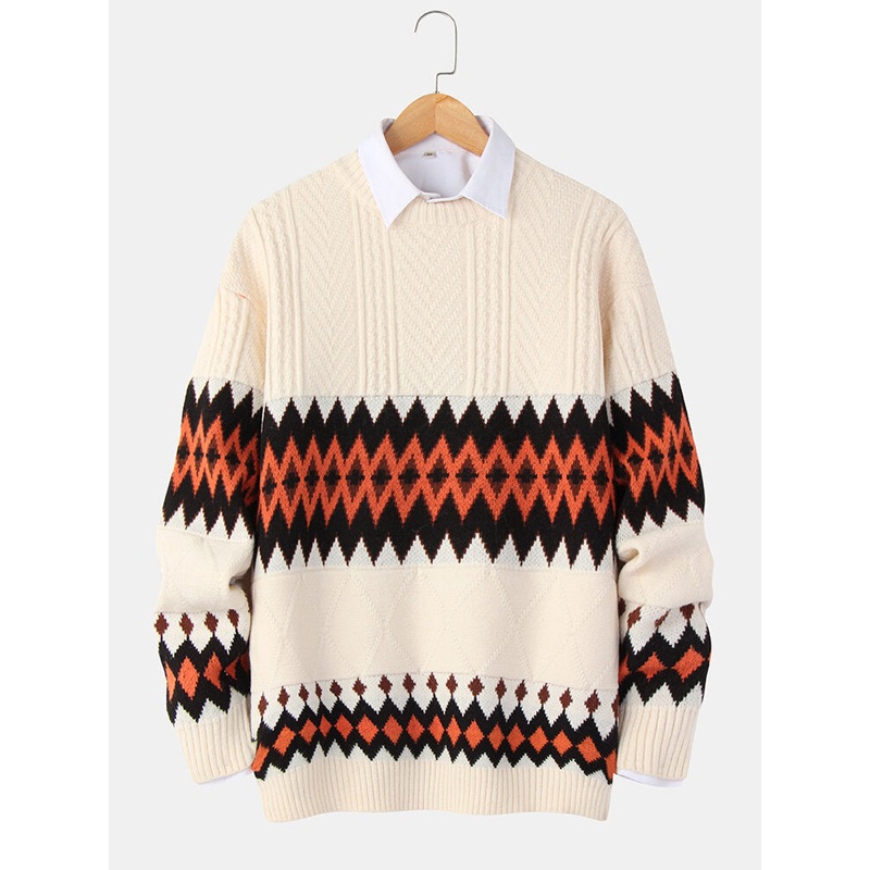 Mens Geometric Knitted Warm Thick Cable Long Sleeve Sweaters