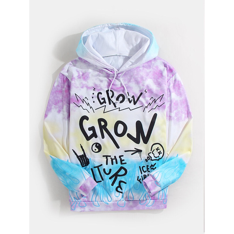 Mens Graffiti Ltter Print Tie Dye Long Sleeve Hoodies With Kangaroo Pocket