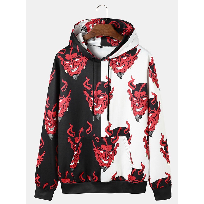 Mens Halloween Devil Printing Patchwork Hooded Sweatshirt With Kangaroo Pocket