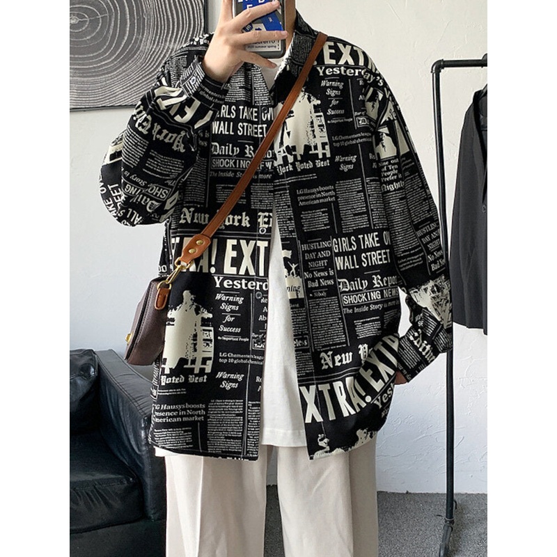 Mens Hong Kong Style Newspaper Pattern Printed Vintage Shirt