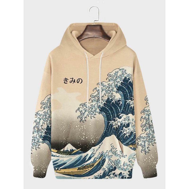 Mens Japanese Wave Ukiyoe Print Loose Drawstring Hoodies
