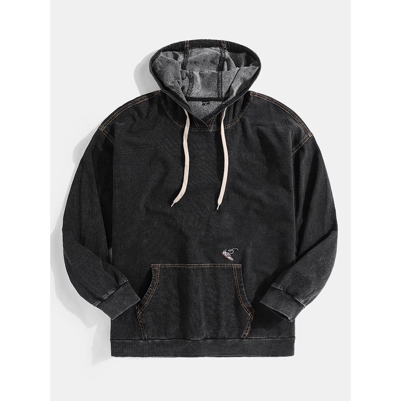 Mens Kangaroo Pocket Vintage Long Sleeve Denim Hoodies
