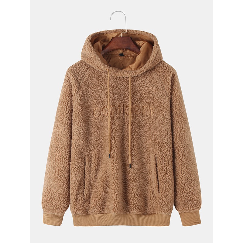 Mens Letter Embroidery Raglan Sleeves Fluffy Drawstring Hoodies With Pocket