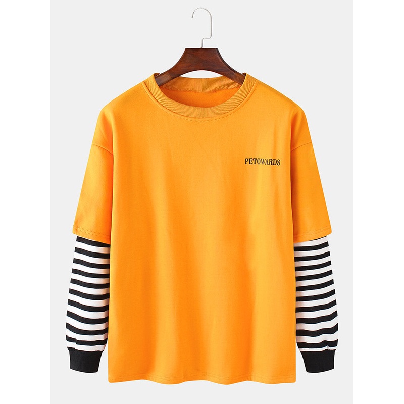 Mens Letter Patchwork Striped Drop Shoulder Pullover Casual Sweatshirts