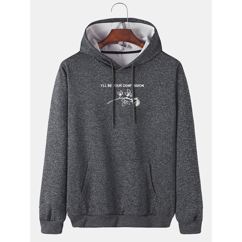 Mens Letter &  Rose Print  Long Sleeve Simple Hoodies With Kangaroo Pocket