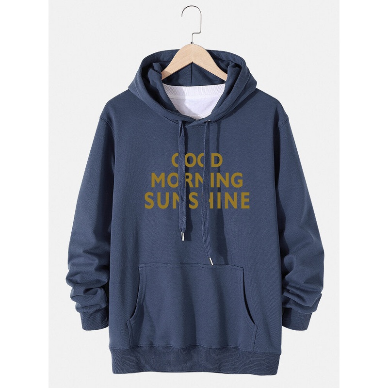 Mens Letter Slogan Print Cotton Casual Drawstring Hoodies With Pouch Pocket