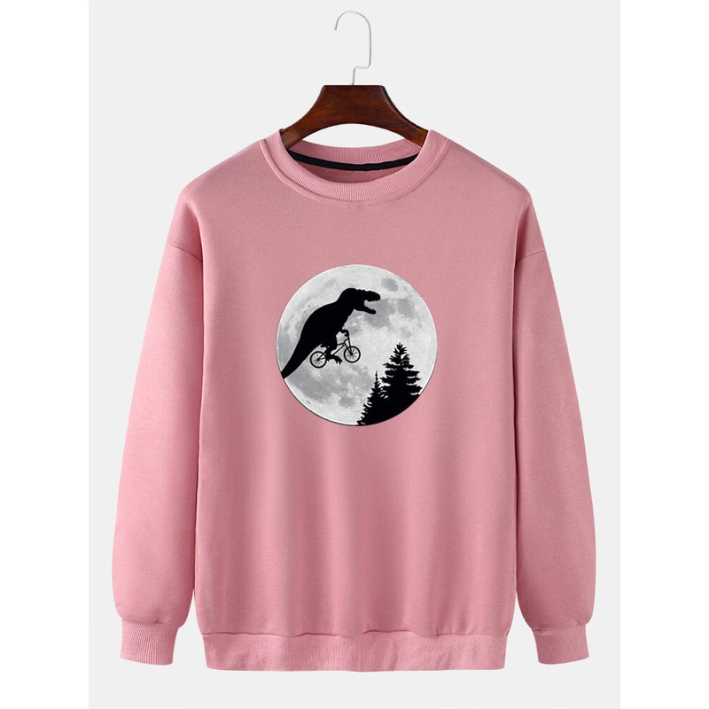 Mens Moon Dinosaur Graphics Crew Neck Cotton Casual Drop Shoulder Sweatshirts