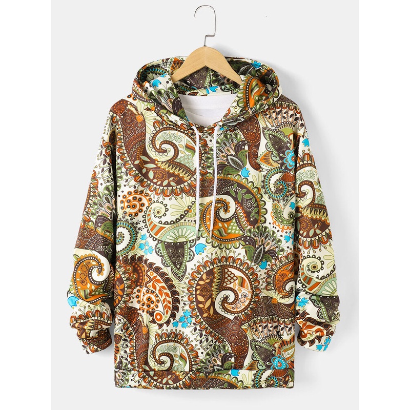 Mens Paisley Print Street Drawstring Hoodies With Pocket