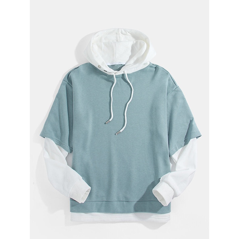 Mens Patchwork Drop Shoulder Faux Twinset Long Sleeve Hoodies