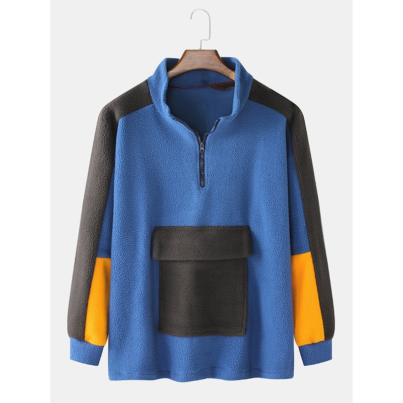 Mens Patchwork Raglan Sleeve Front Flap Pocket Thick Fleece Cotton Half Zipper Sweatshirt