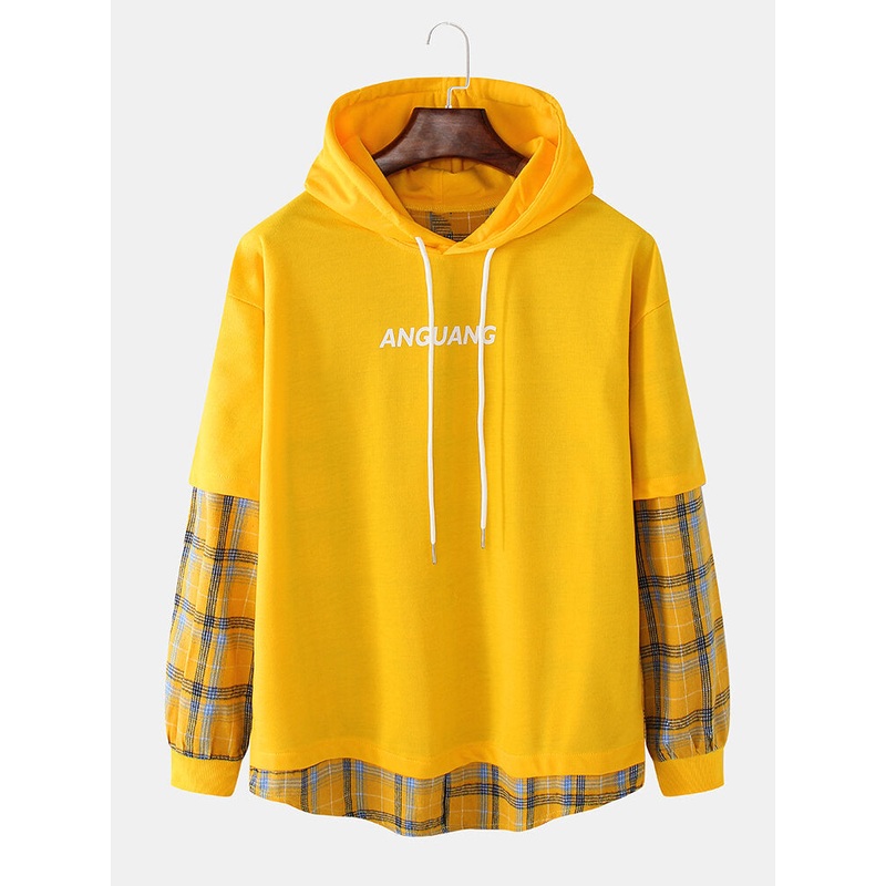 Mens Plaid Patchwork Letter Back Print Cotton Casual Drawstring Hoodies