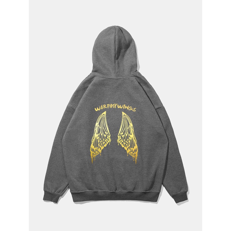 Mens Plain Cotton Wing Back Print Loose Hoodie With Kangaroo Pocket