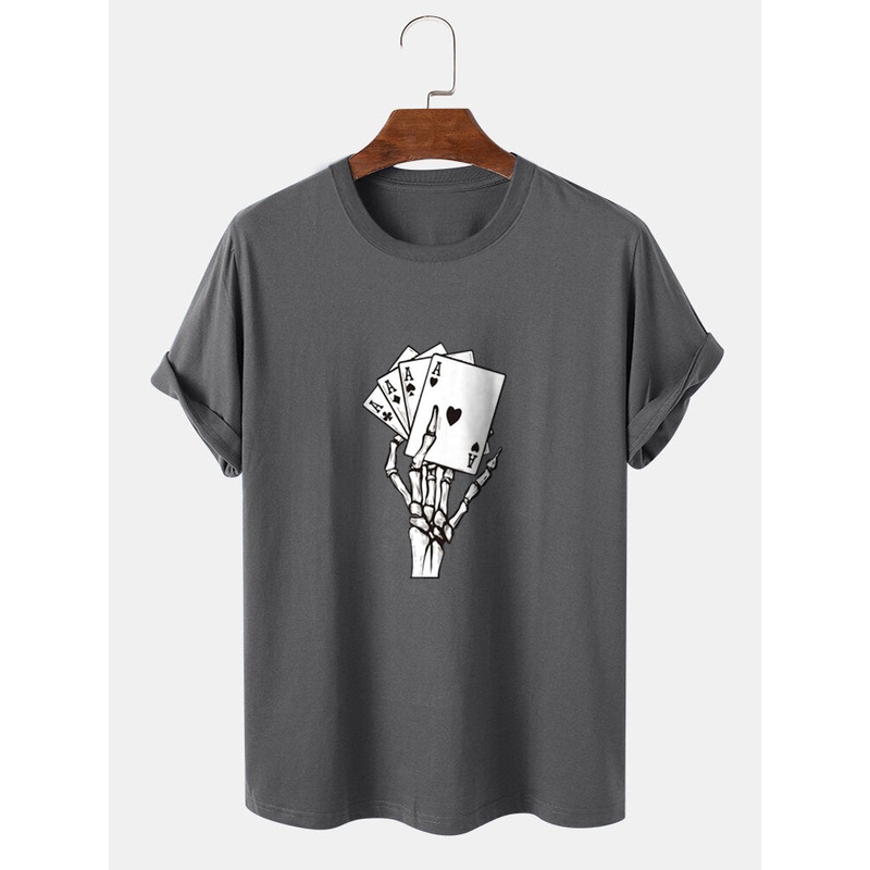 Mens Poker Skeleton Hand Graphics Street 100% Cotton Short Sleeve T-Shirt