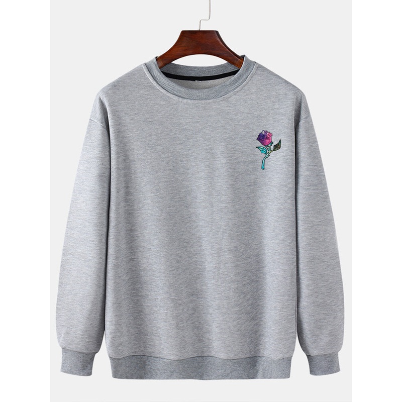 Mens Rose Chest Printed Round Neck Pullover Casual Drop Sleeve Sweatshirts