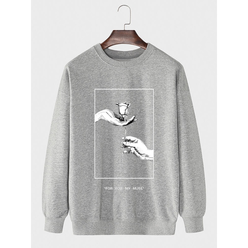 Mens Rose Figure Hand Graphic Cotton Casual Pullover Sweatshirts