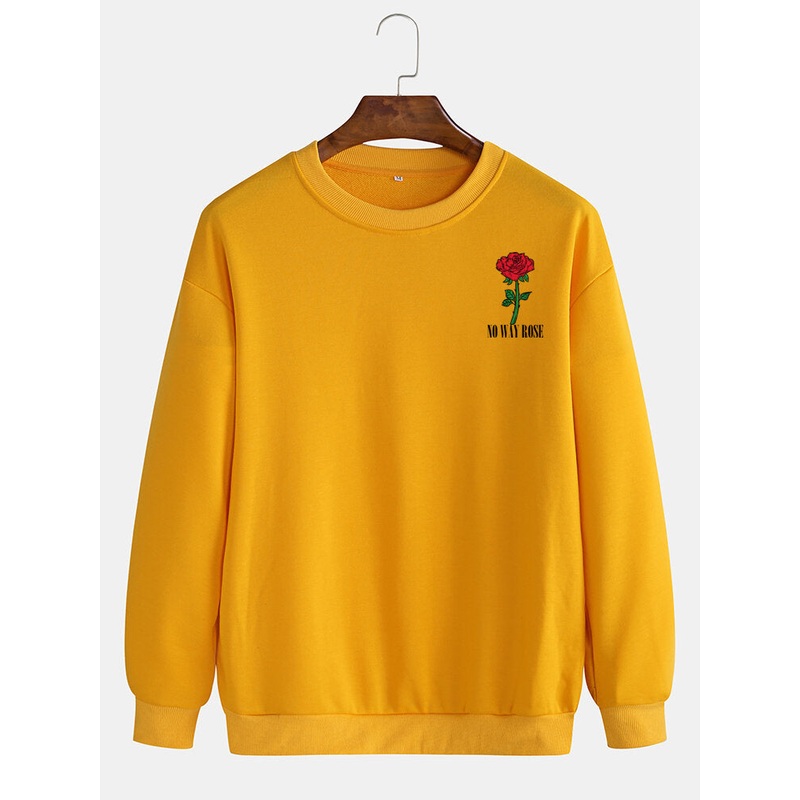Mens Rose Pattern Solid Color Crew Neck Casual Pullover Sweatshirt