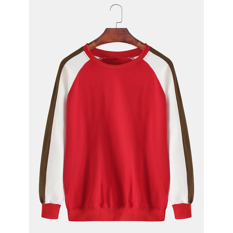 Mens Side Stripe Round Neck Raglan Long Sleeves Pullover Cotton Sweatshirts