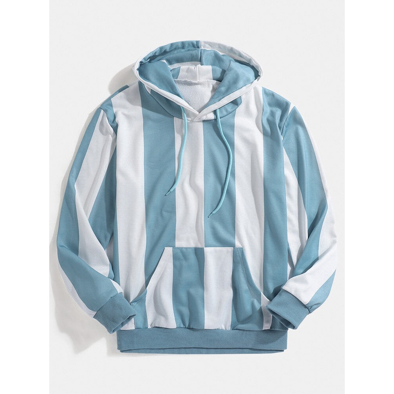 Mens Simple Stripe Print Long Sleeve Kangaroo Pocket Hoodies