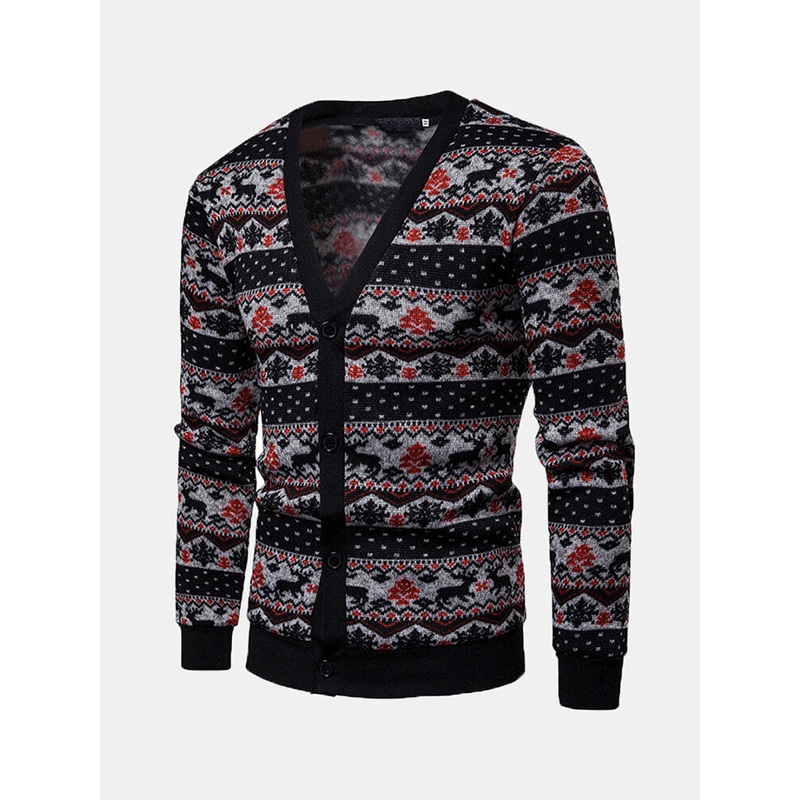 Mens Single Breasted V-Neck Christmas Stitching Color Sweaters Cardigans
