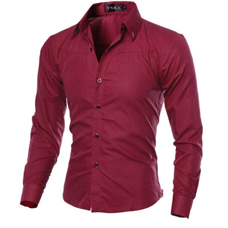 Mens Slim fit Pure Color S-3XL Long-sleeved Gingham Shirts