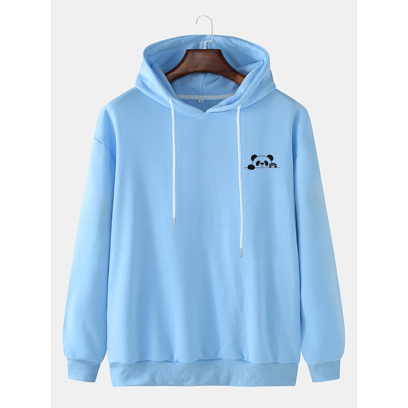 Mens Solid Color Cute Panda Drawstring Loose Casual Hoodie