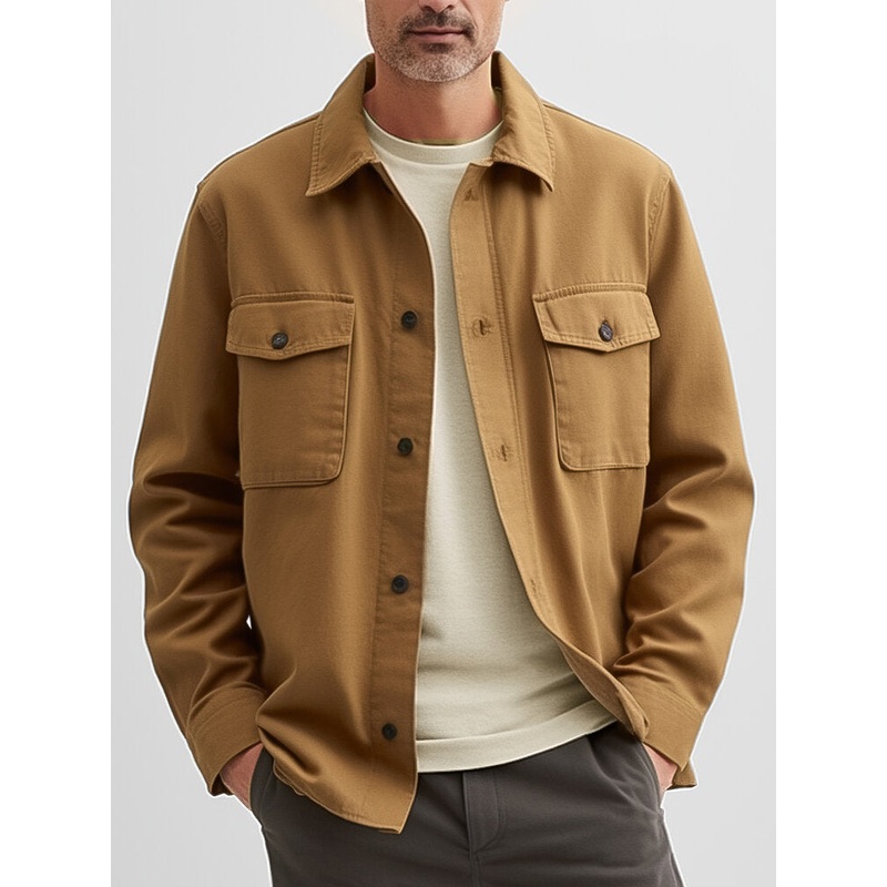 Mens Solid Flap Pocket Lapel Casual Long Sleeve Shirts