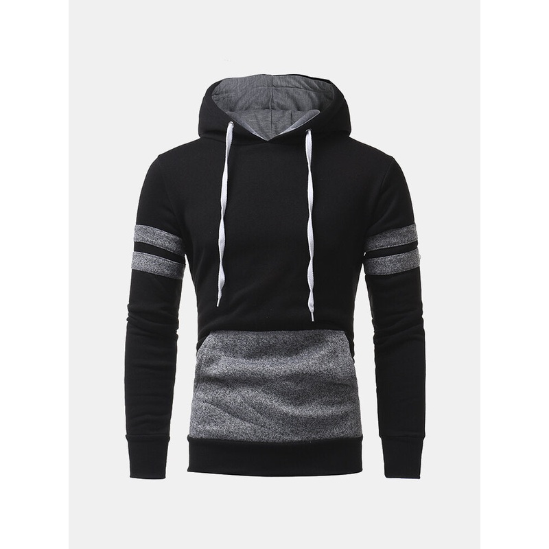 Mens Solid Patchwork Kangaroo Pocket Long Sleeve Cotton Drawstring Hoodies