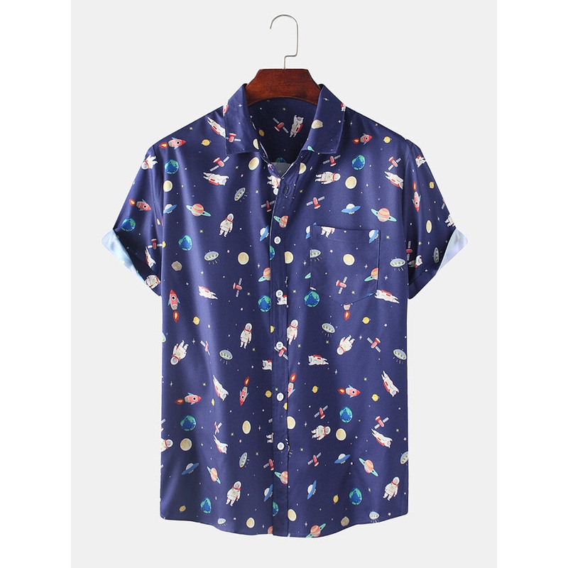 Mens Space Cartoon Print  Turn Down Callor Short Sleeve Shirts