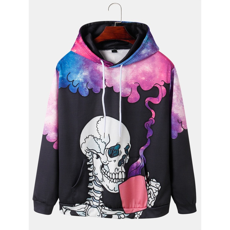 Mens Starry Sky Skeleton Print Long Sleeve Street Hoodies