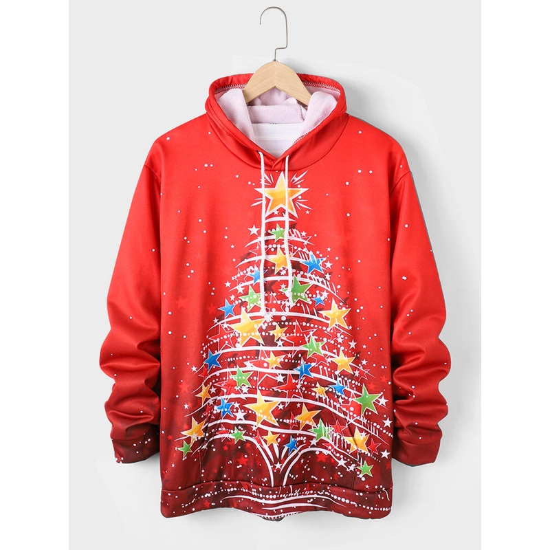 Mens Stars Christmas Tree Print Drawstring Hoodies With Pouch Pocket